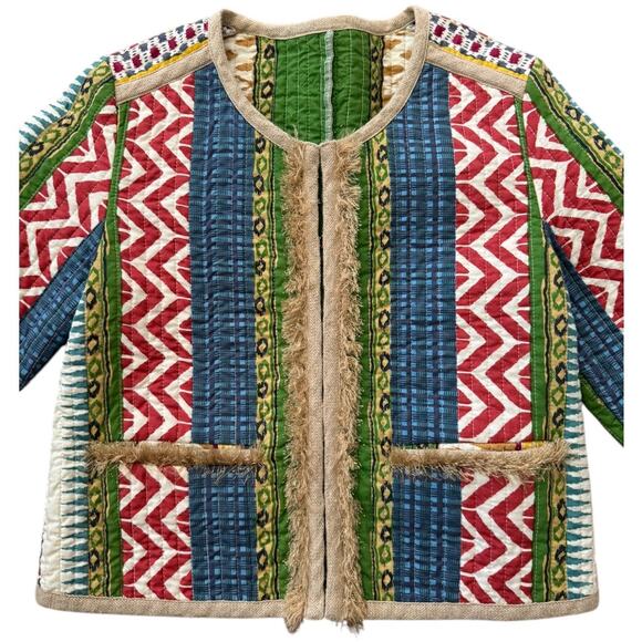 Cropped Boho chic round neck quilted colorful fringed jacket x small - Picture 5 of 12